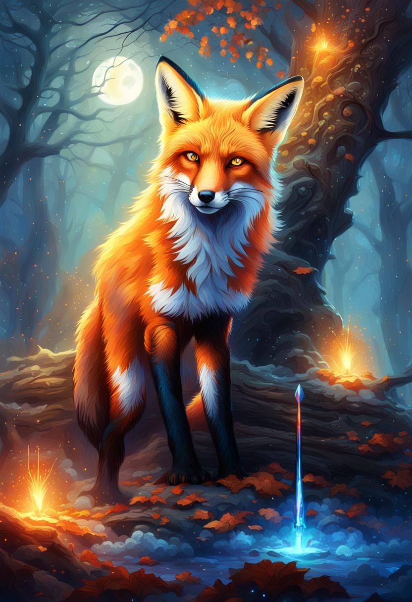 Mystical Fox Stands Guard in Moonlit Dark Forest