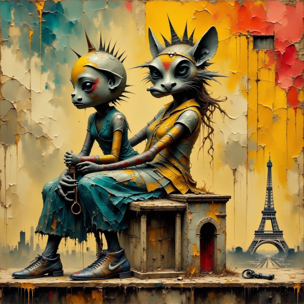 Grunge Style Fantasy: Liberty and Eiffel Tower in Jail