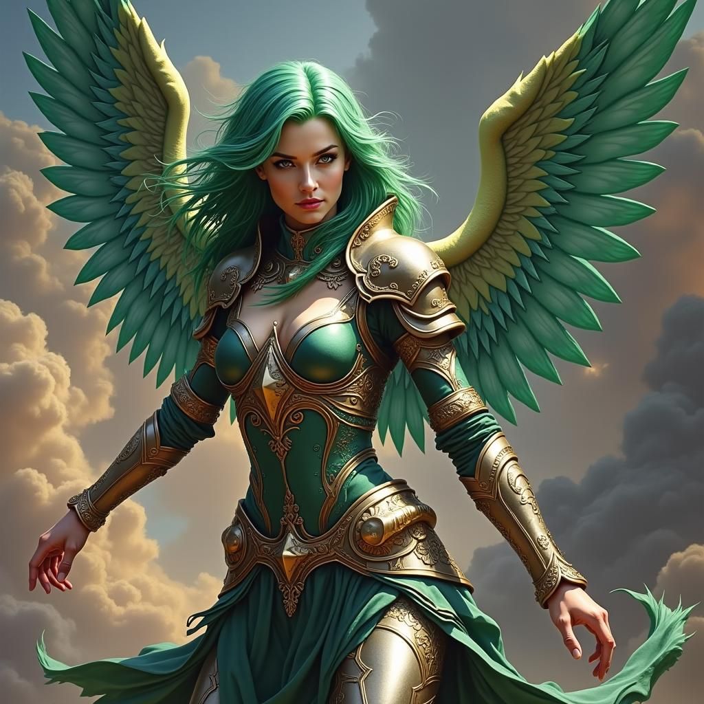 Hyperrealistic Green Haired Warrior Angel