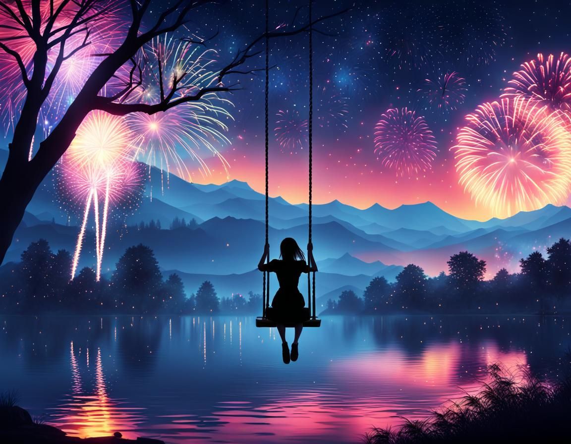 Girl on Swing with Fireworks Display