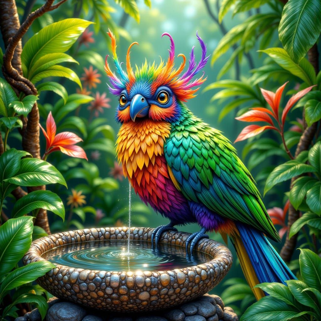 Colorful Parrot on Bird Bath in Naive Art Style