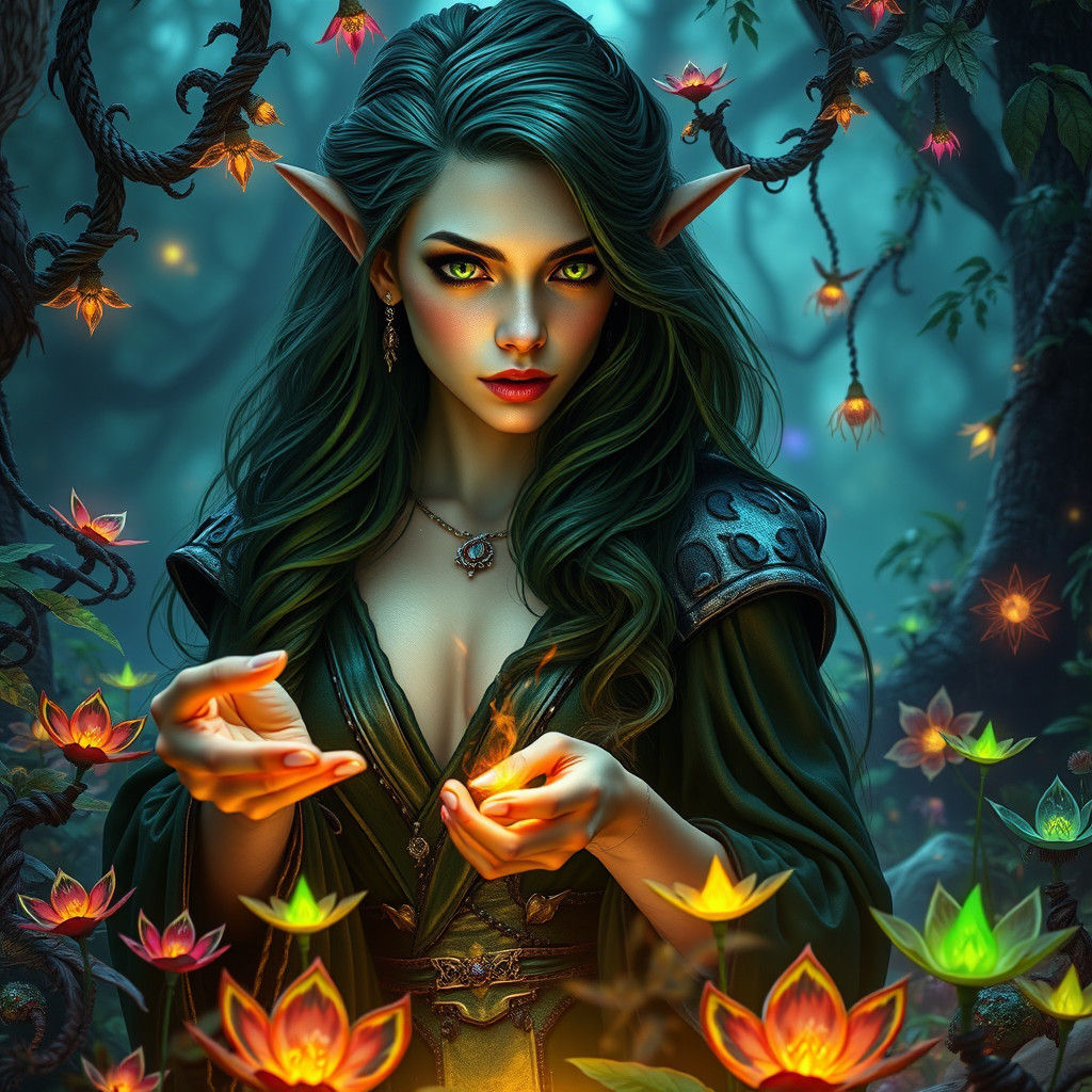 Enchanted Elf Practicing Earth Magic in Lush Forest