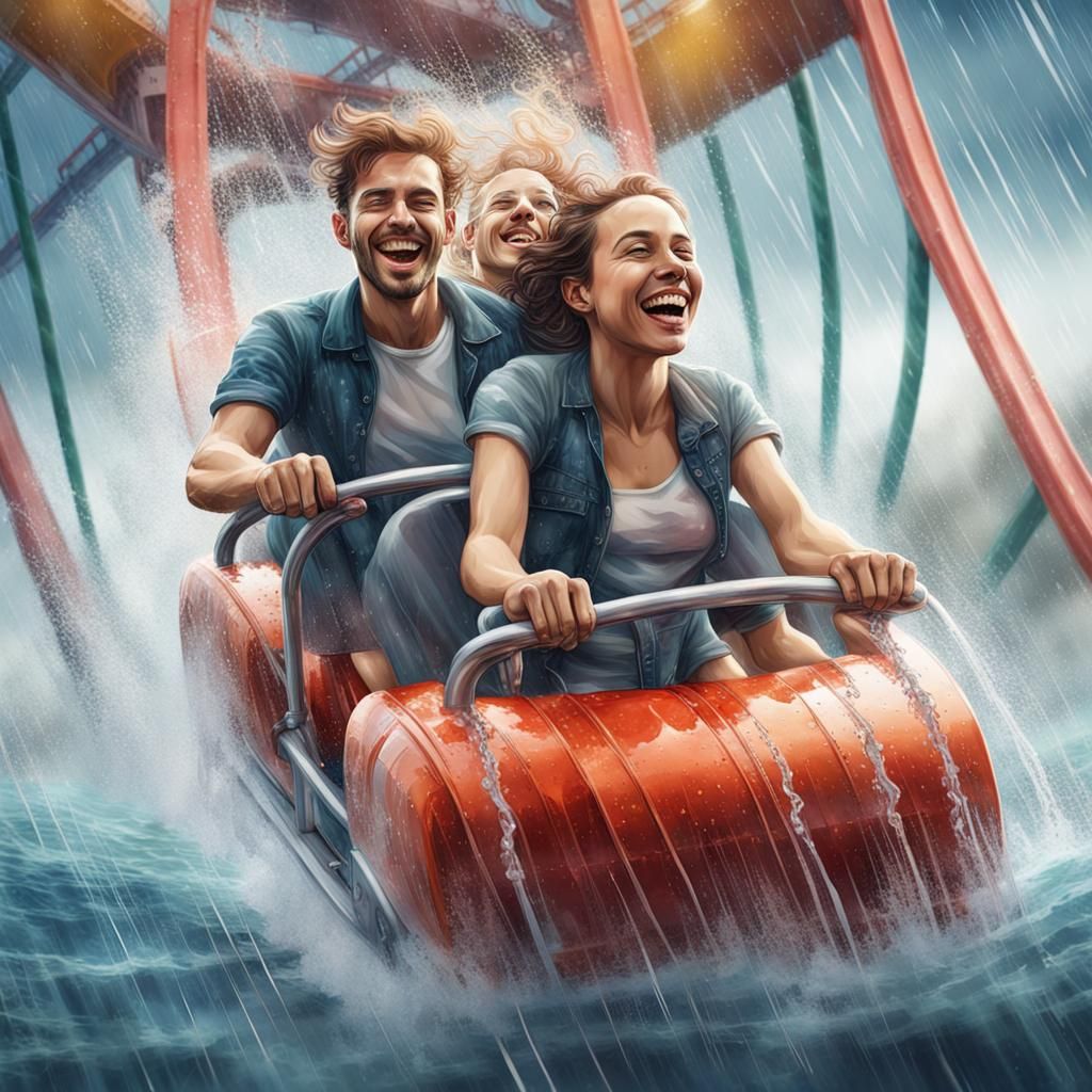 Couple on Watery Rollercoaster in Watercolor Style
