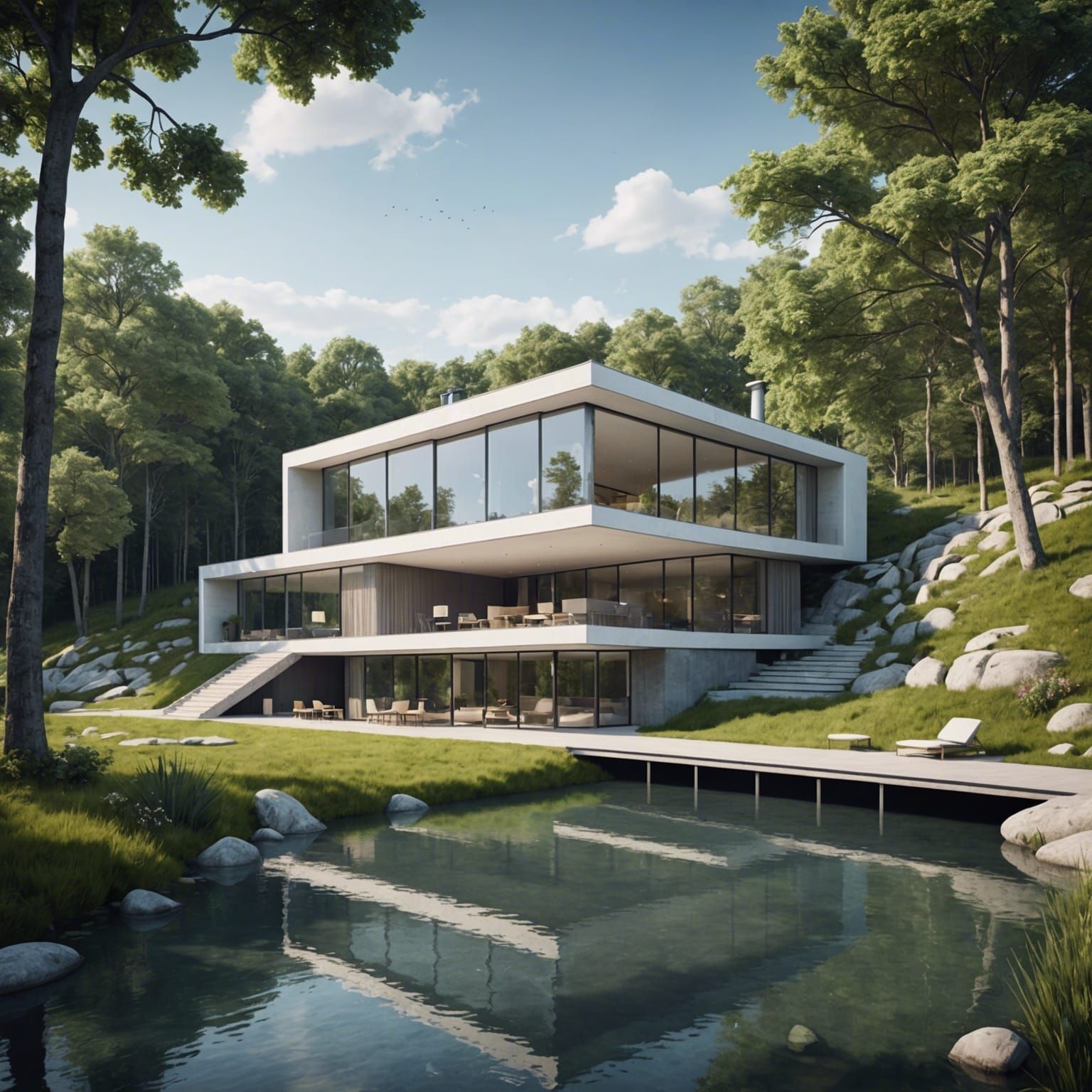 Modern Villa by River: Digital Architectural Illustration