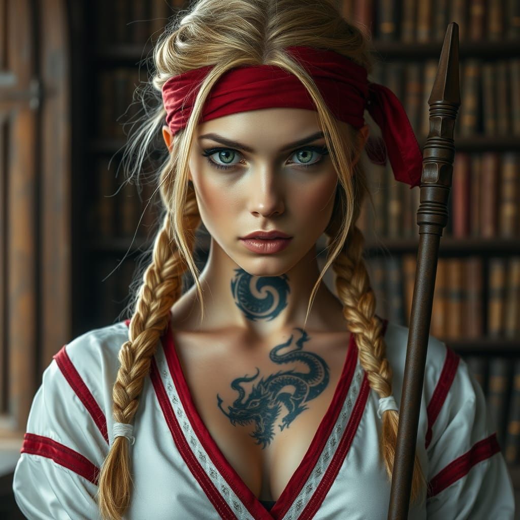 Blonde Woman with Dragon Tattoo in Medieval Library