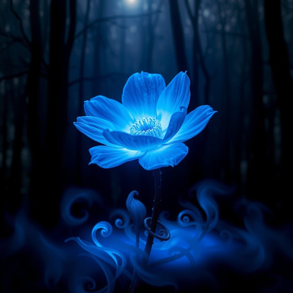 " A glowing neon dark blue flower"