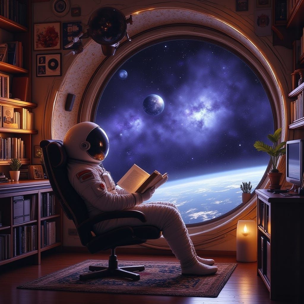 Astronaut Reading in Cozy Spaceship, Ethereal Digital Art