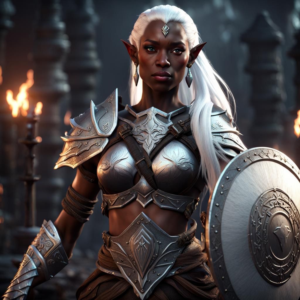 Black female elf with white hair  warrior queen with a shiel...