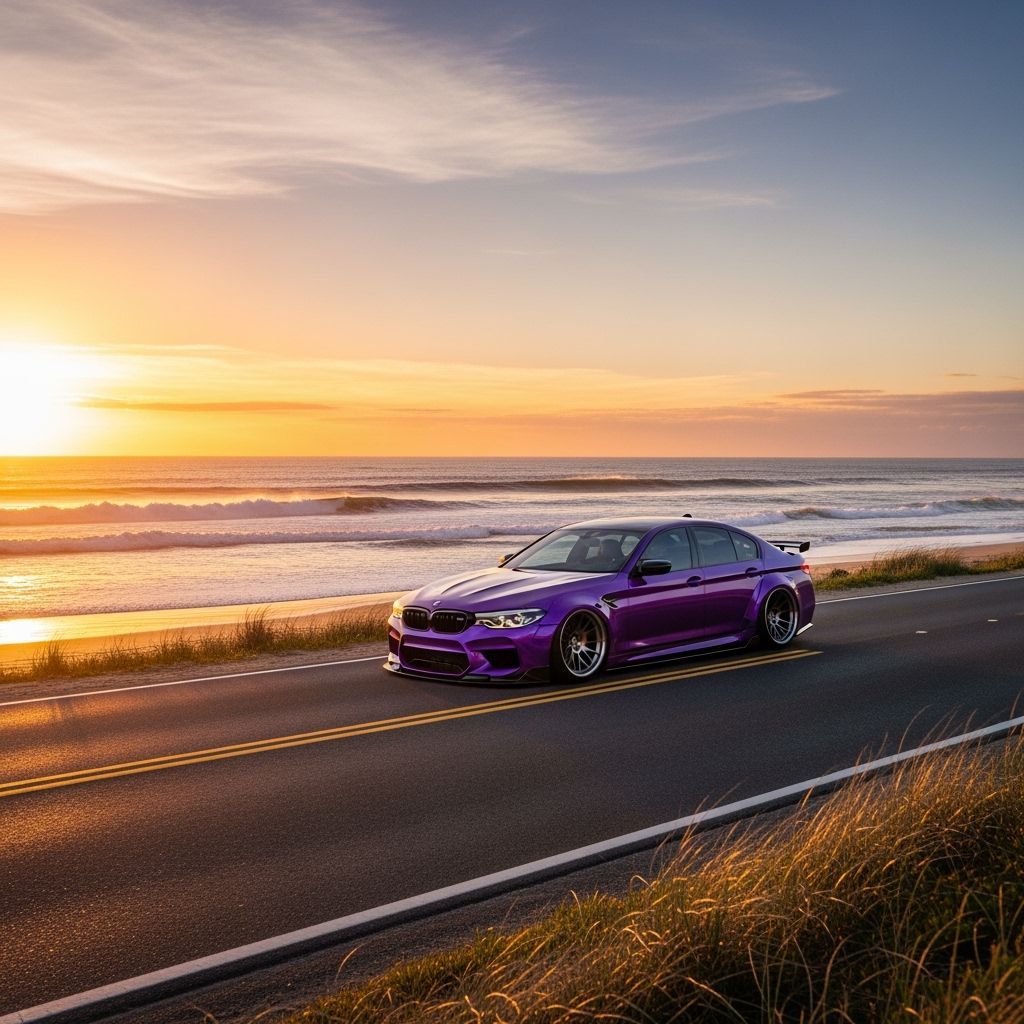 Purple BMW M5 V10 Sunset Beach Drive