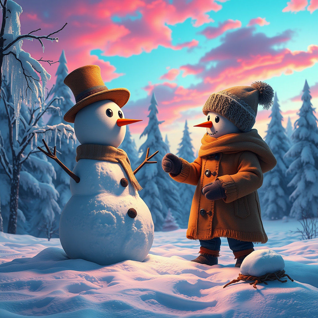 Snowman Builder in Winter Wonderland: Digital Matte Painting