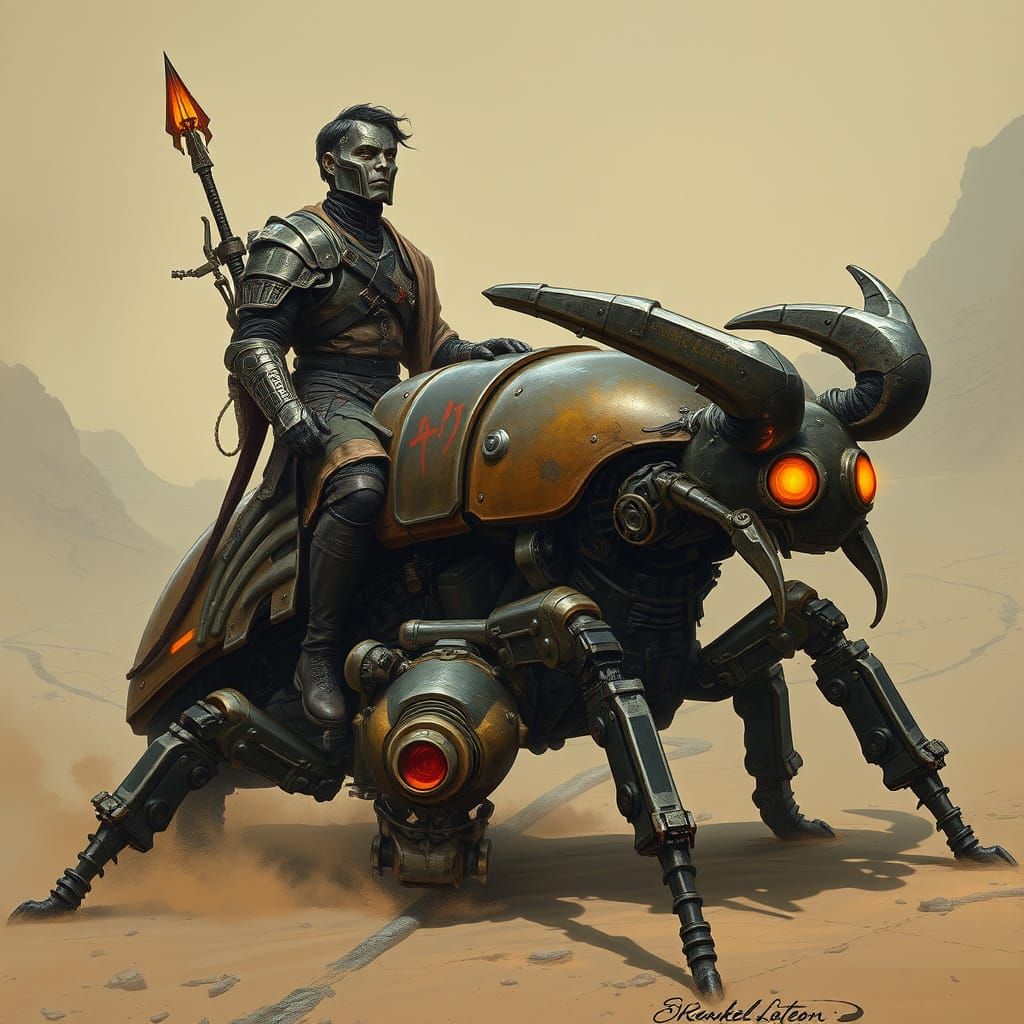 Cybernetic Knight Rides Scarab Beetle in Alien Desert