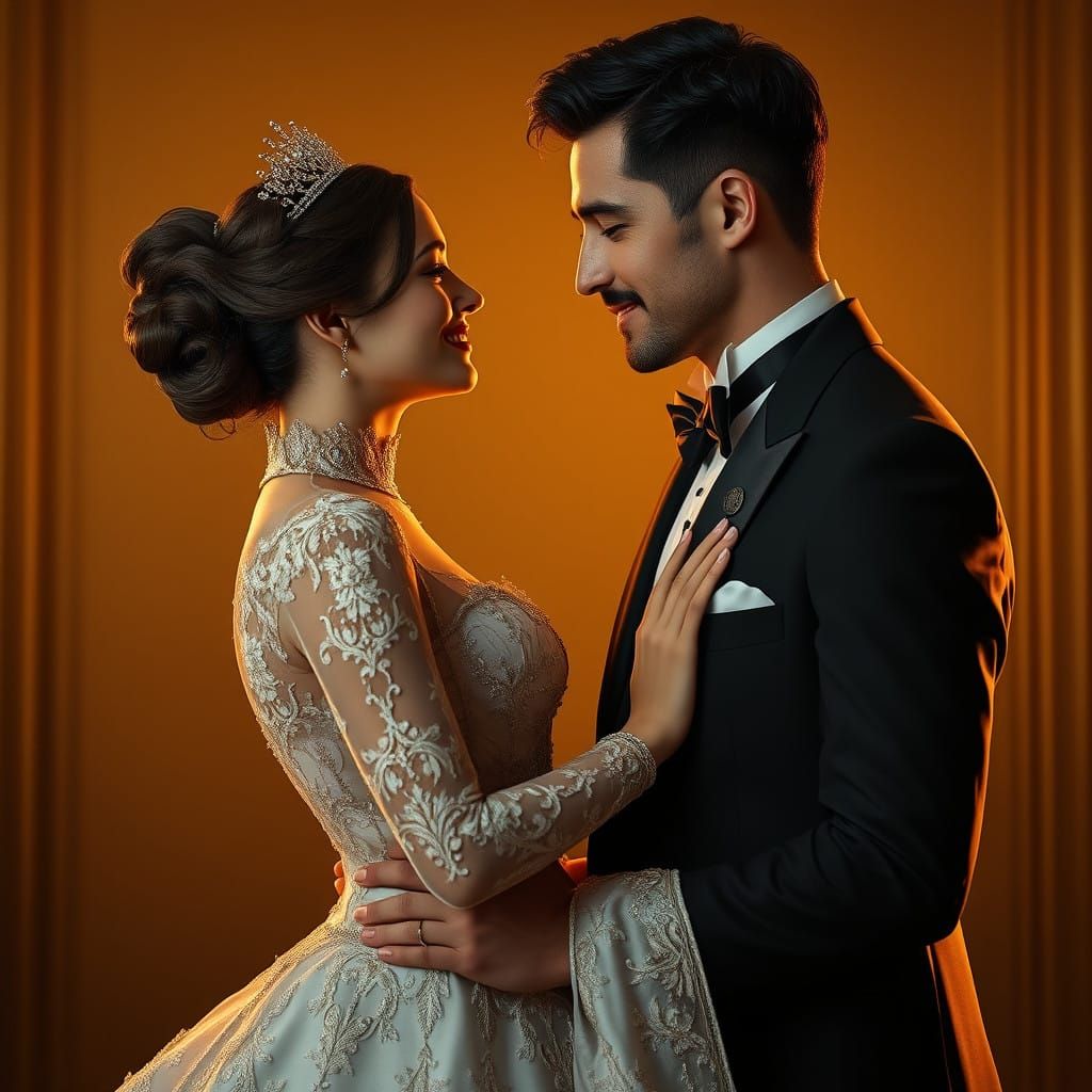 Regal Couple Lost in Romantic Moment, Golden Background