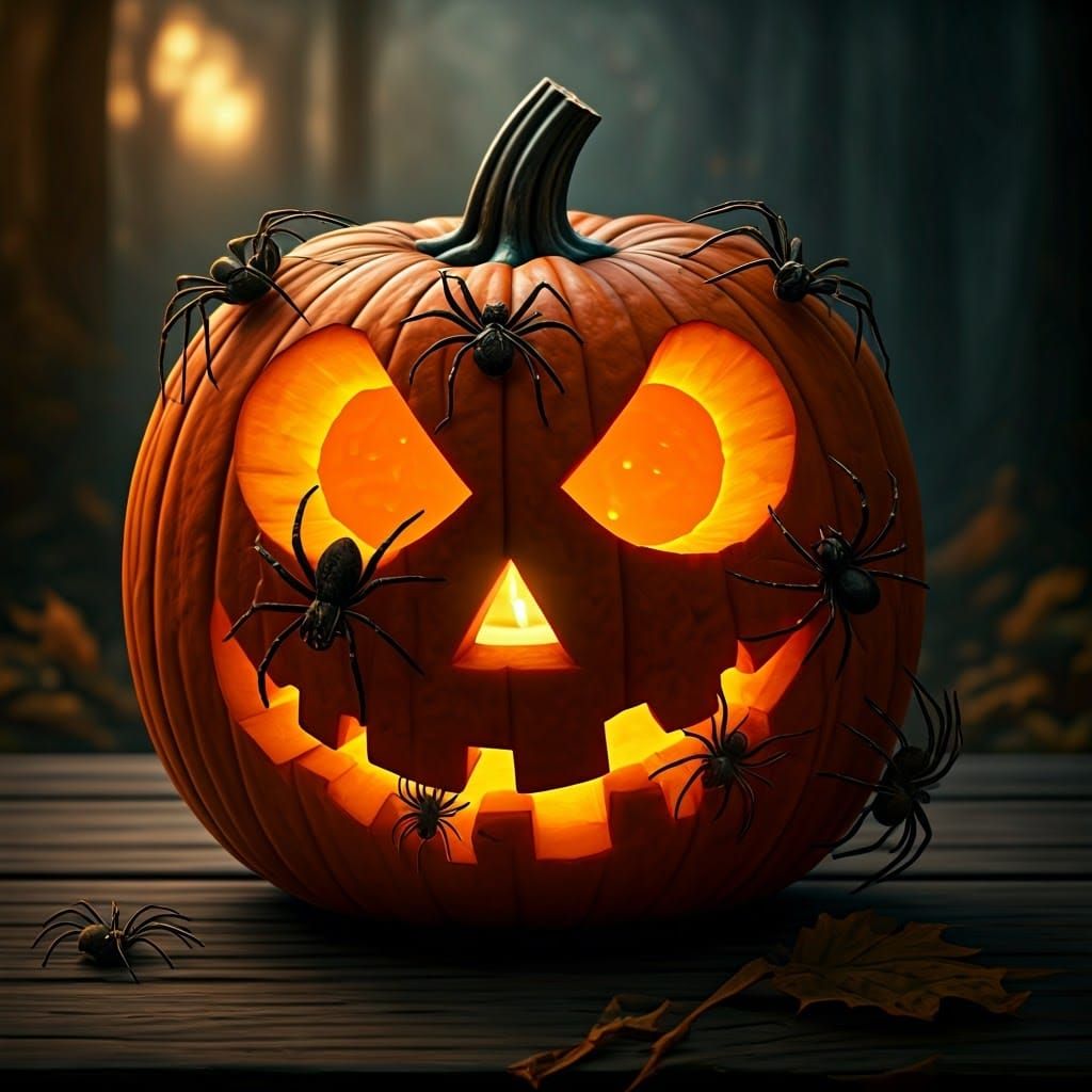 Spider-Infested Pumpkin Carving in a Surreal Style