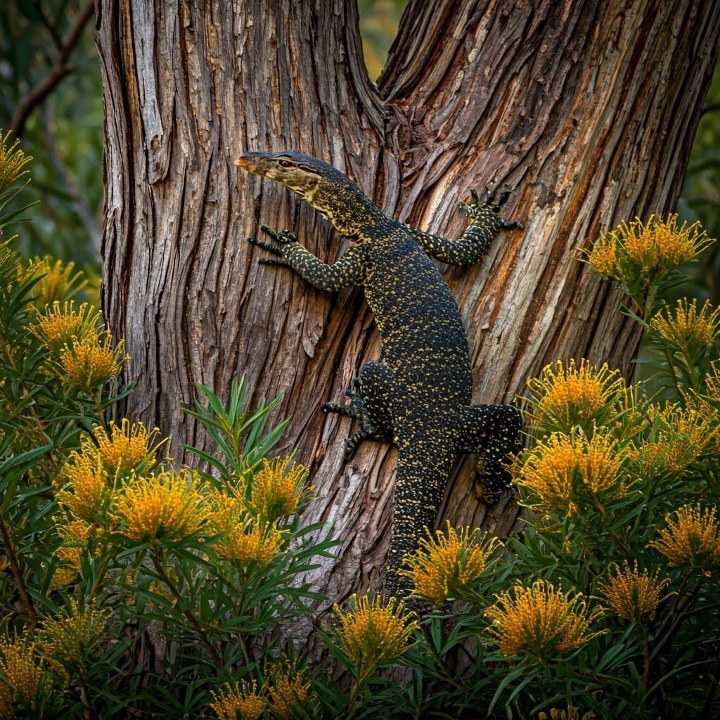 Lace Monitor Climbing a Tree Trunk