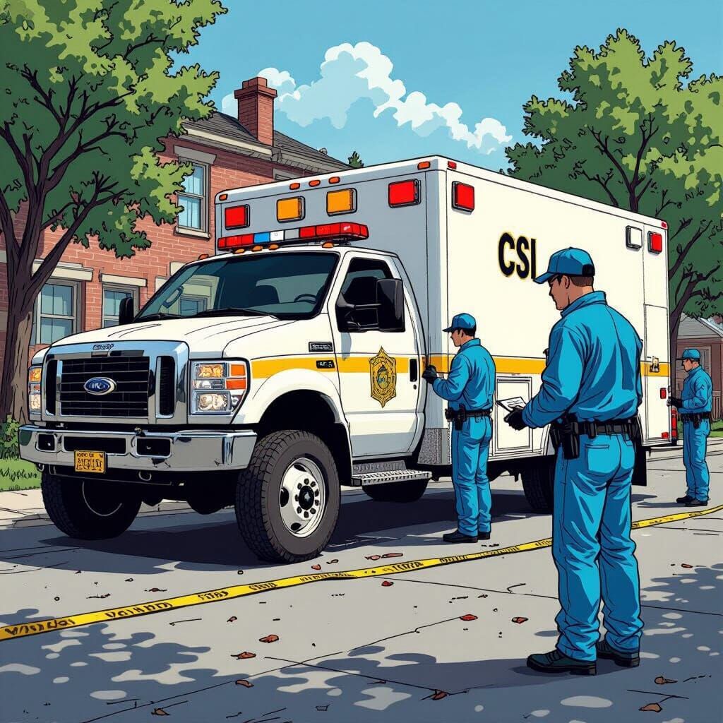 Cincinnati FBI CSI Truck at Crime Scene in Comic Art Style