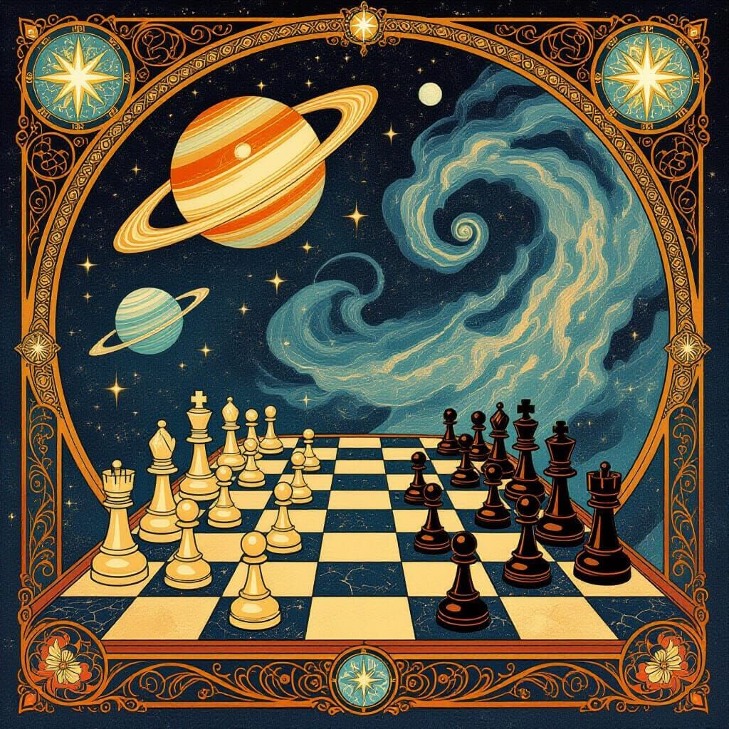 Celestial Chess Match in Art Nouveau Style