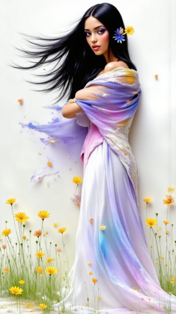 Serene Woman in Flowing Dress in Pastel Field