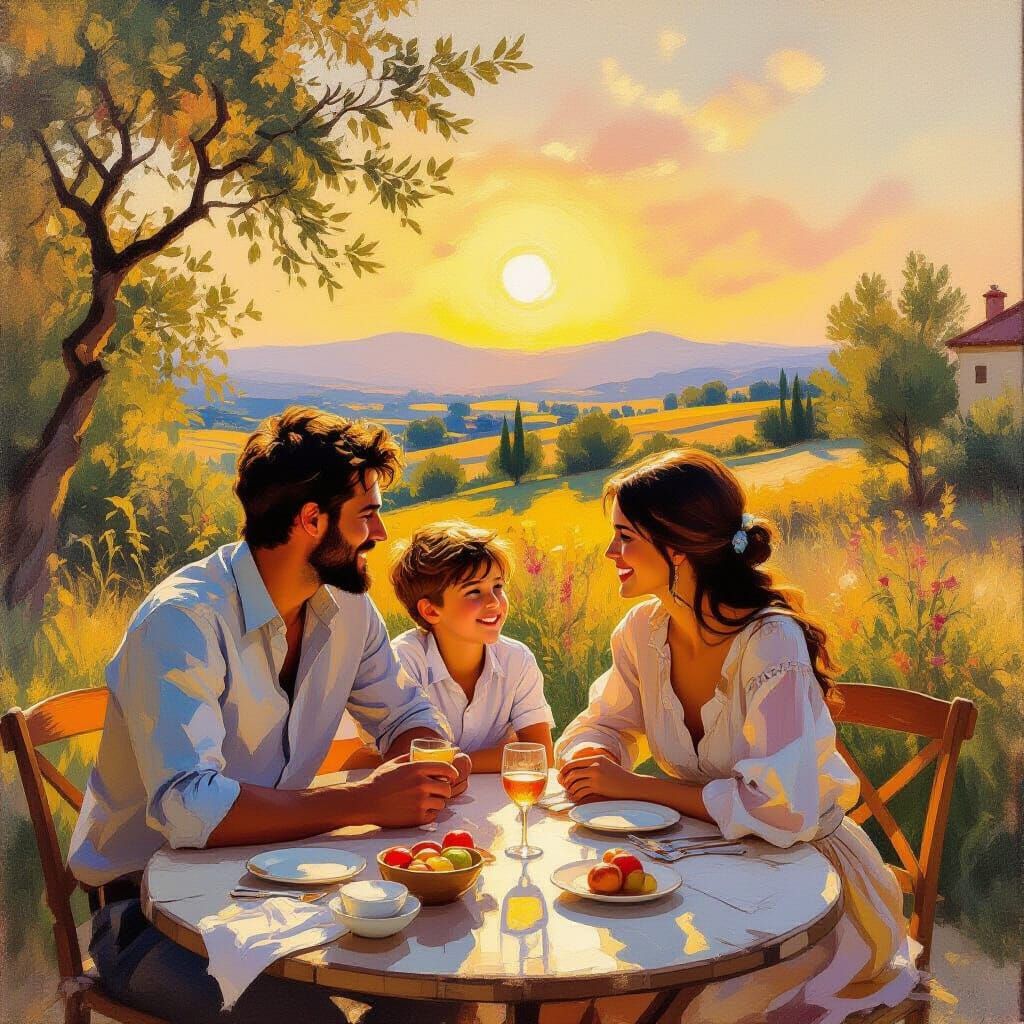 Family Enjoying Sunshine at Country Home Impressionist Paint...