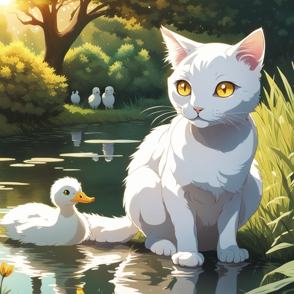 Cat Staring at Duckling: Anime Style