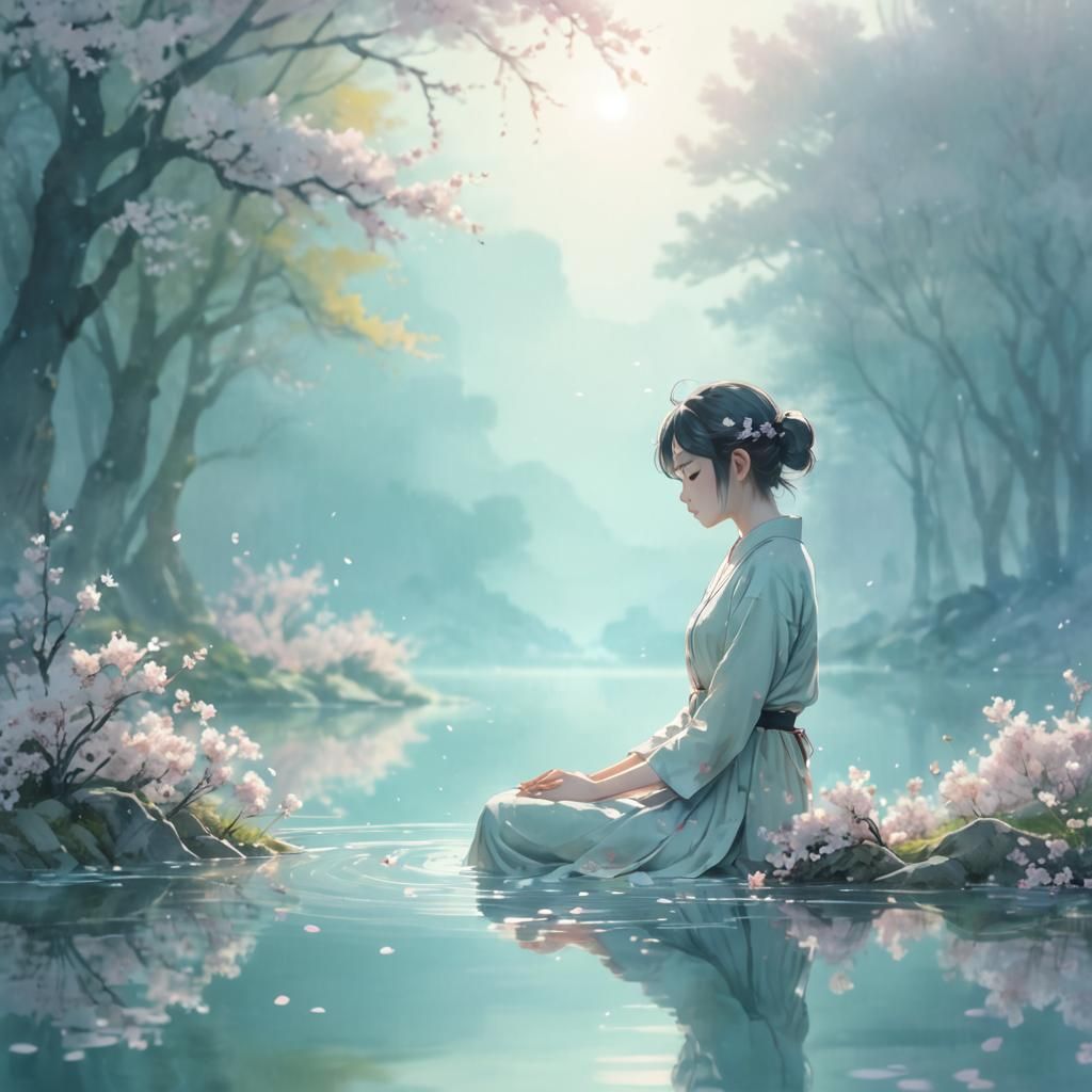 Serene Anime Landscape with Meditating Figure