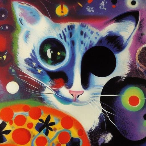 Biopunk Cat as Woodblock Print Surrealist Painting