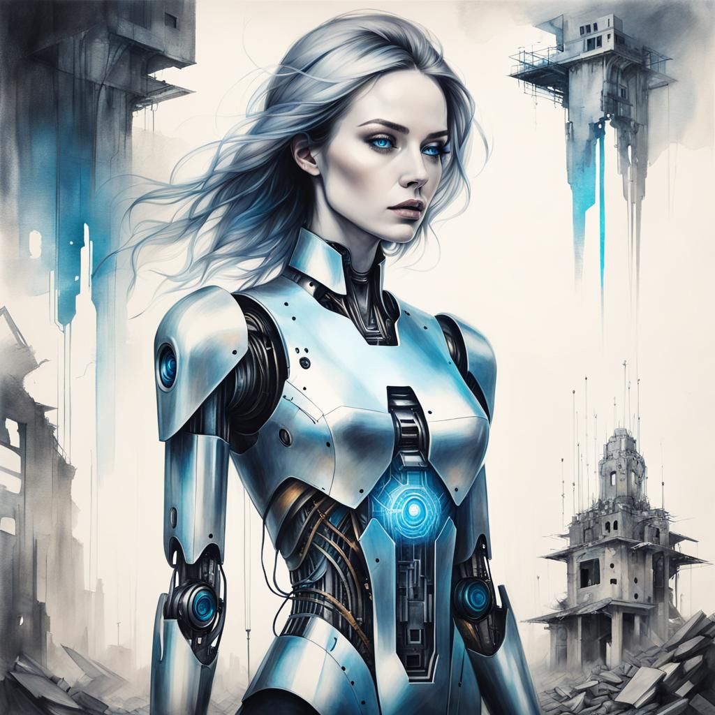 Robot Girl Double Exposure in Dreamcore Style