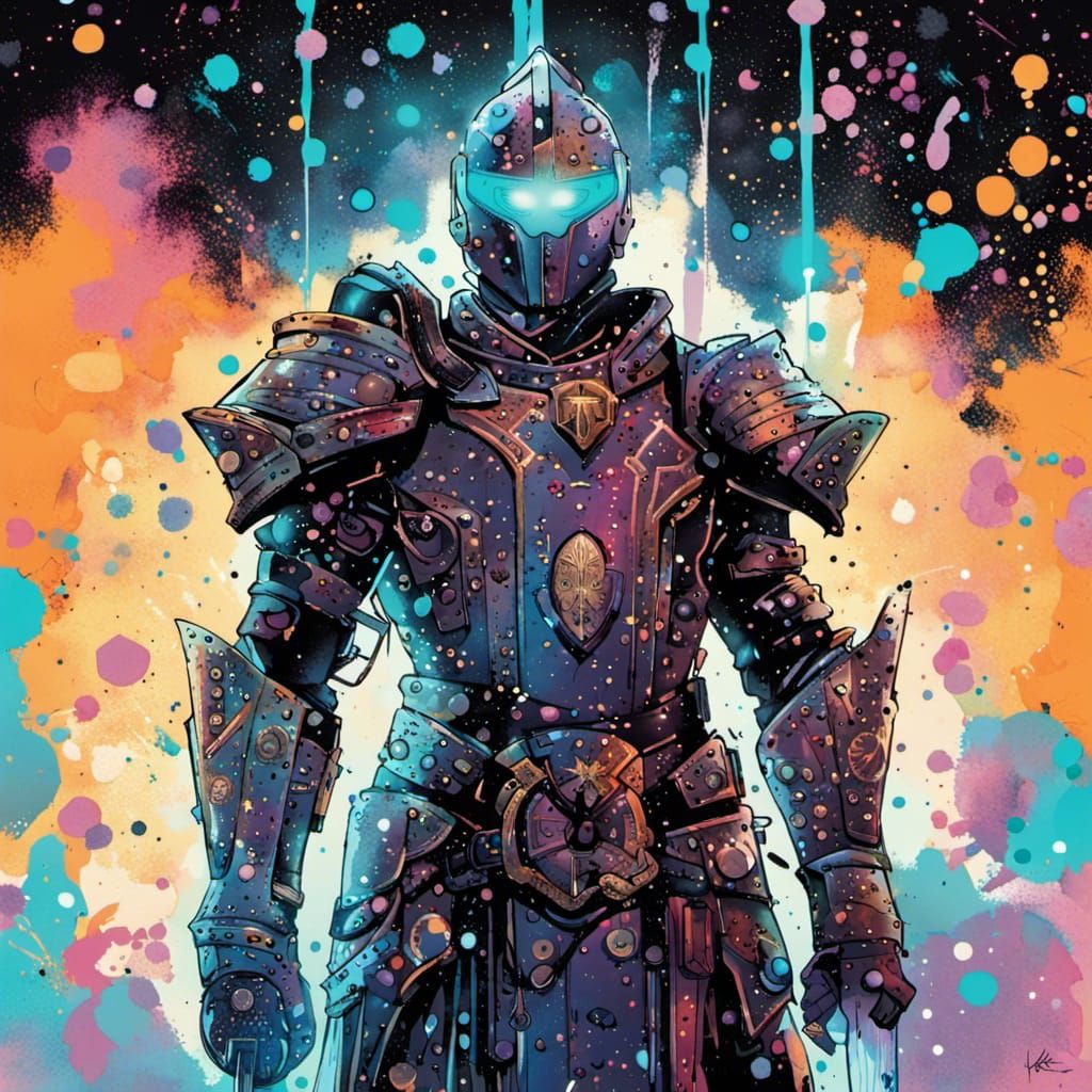 Celestial Knight with Stardust Armor in Cyberpunk Style