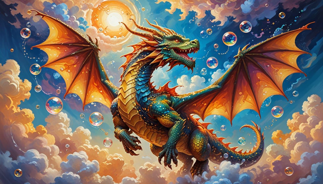 Dragon Blowing Bubbles in Neo-Impressionist Style