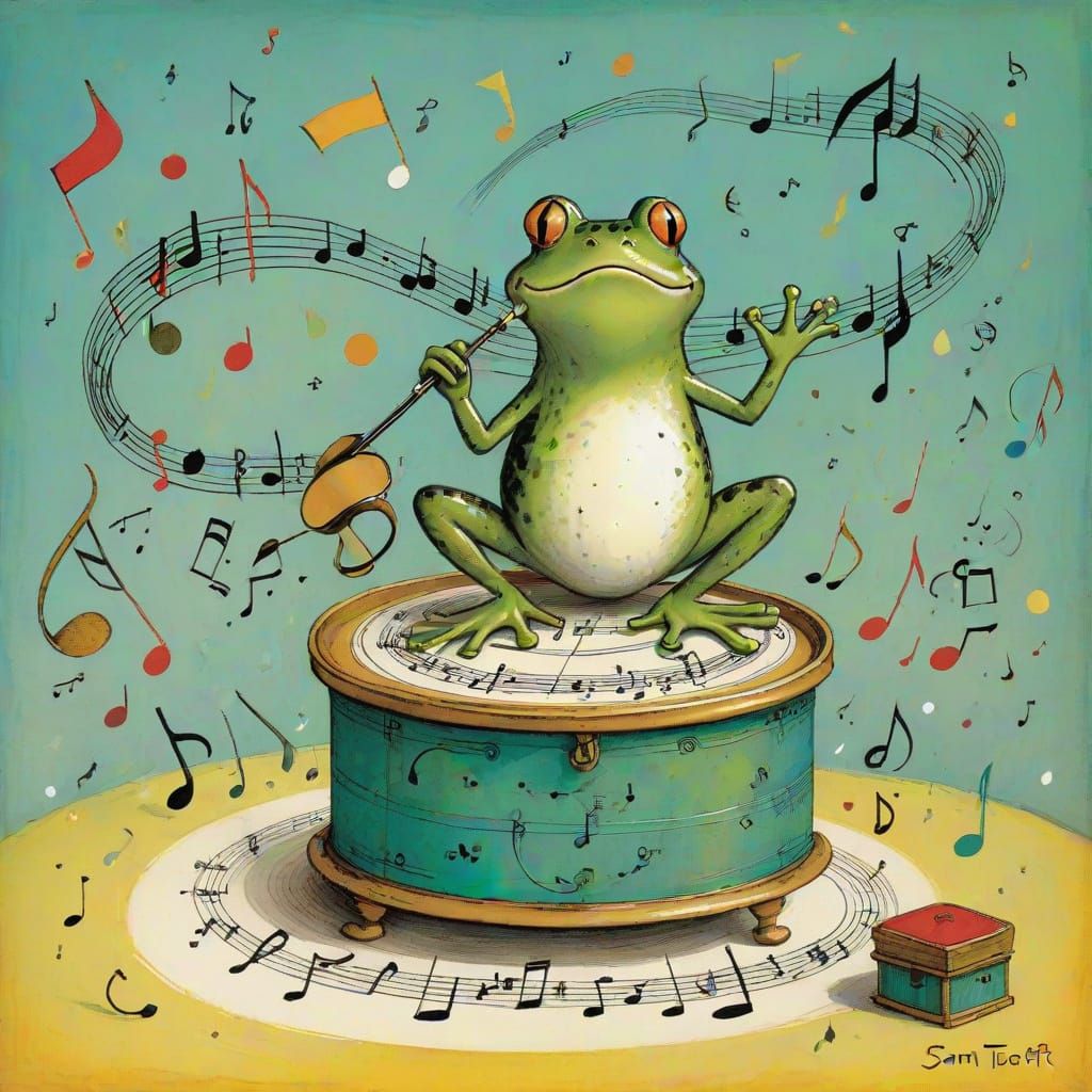Frog with 1950s Music Box, Storybook Illustration