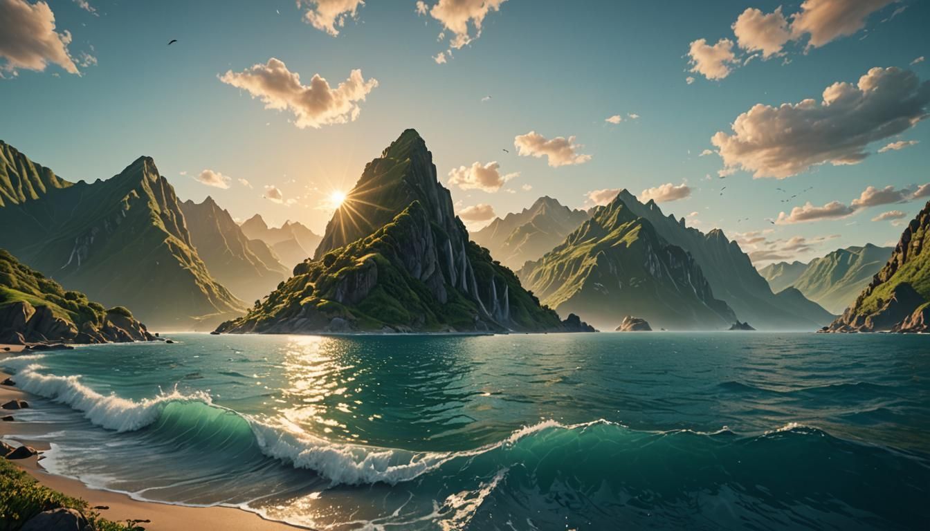 Hyperrealistic Mountains Meet Ocean at Dawn