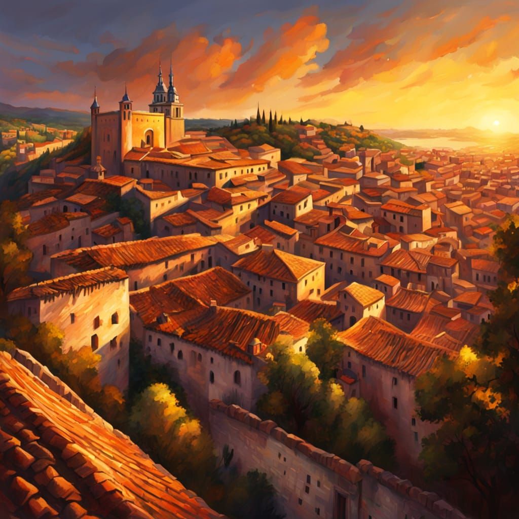 Toledo Sunset: Aerial View in Oil Painting Style