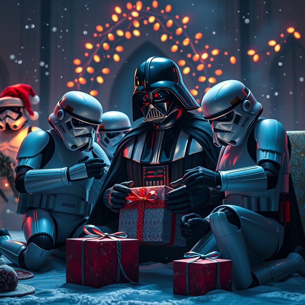 Darth Vader and Stormtroopers in Festive Christmas Scene