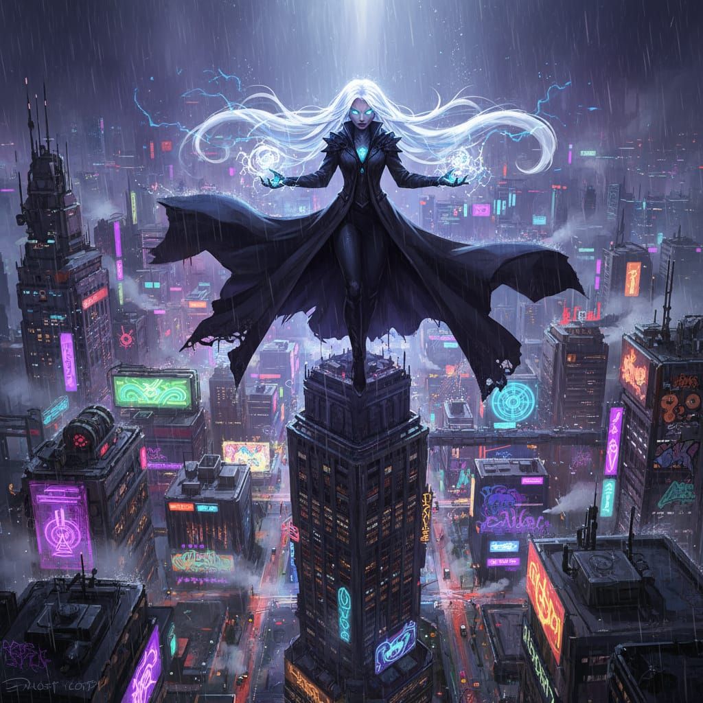 Sorceress Overlooking Neon Cityscape, Digital Art