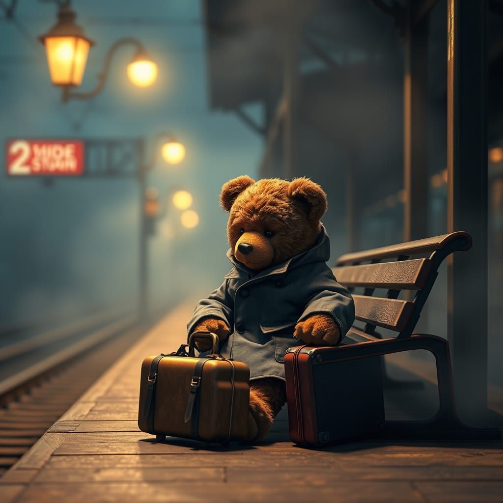 Forlorn Teddy Bear Awaits Train on Misty Platform