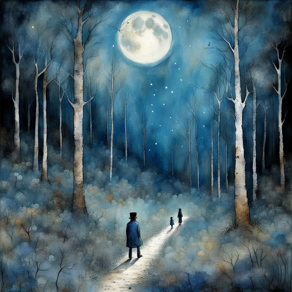 Blue Forest Moonscape Storybook Illustration