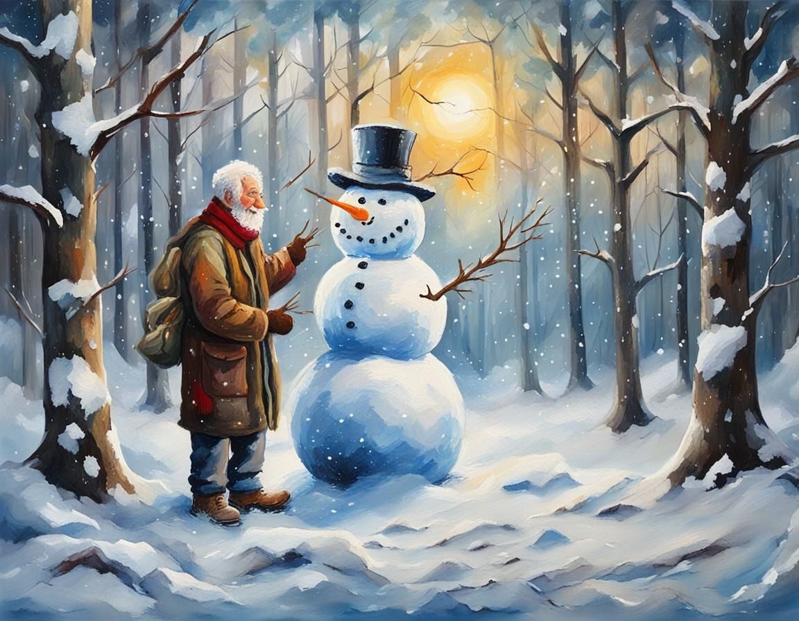 Winter Idyll: Elder Craftsman Builds Snowman in Frosty Glade