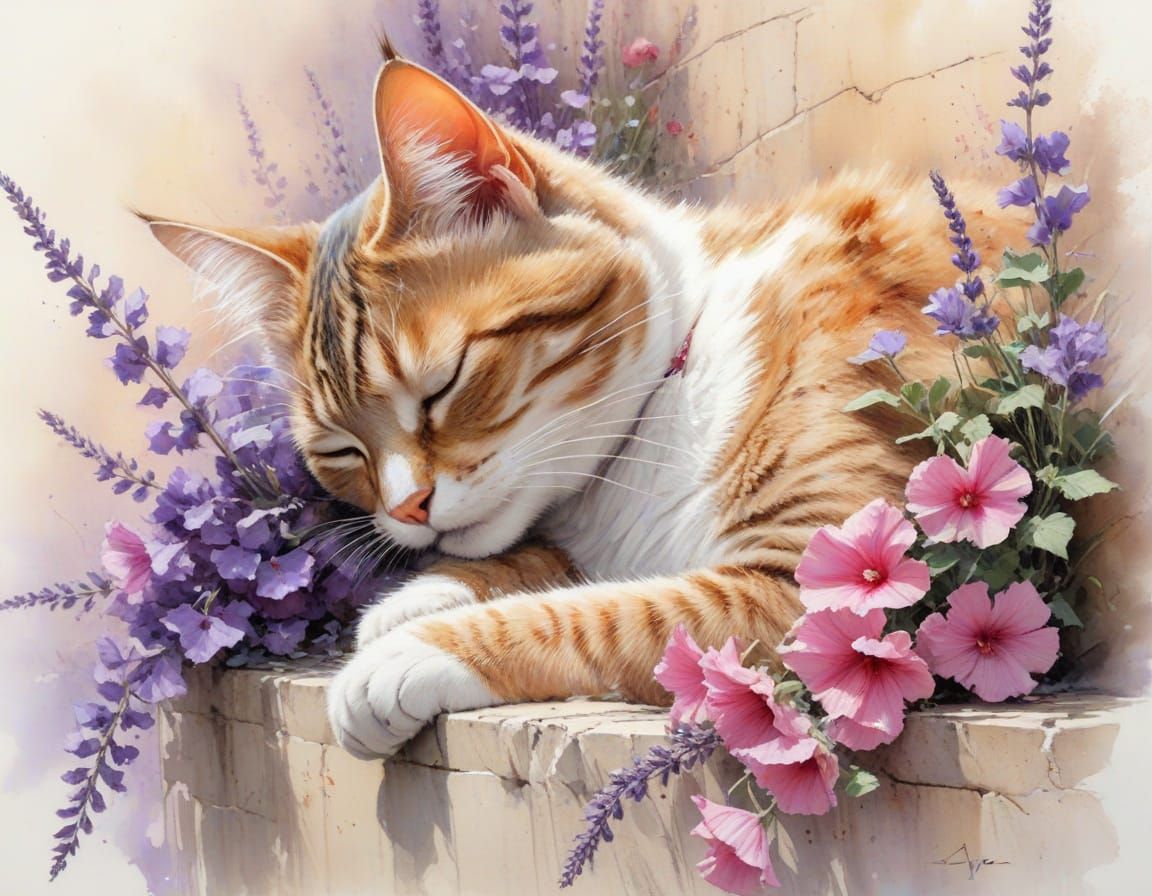 Tabby Cat Sleeps on Stone Wall Amidst Lavender