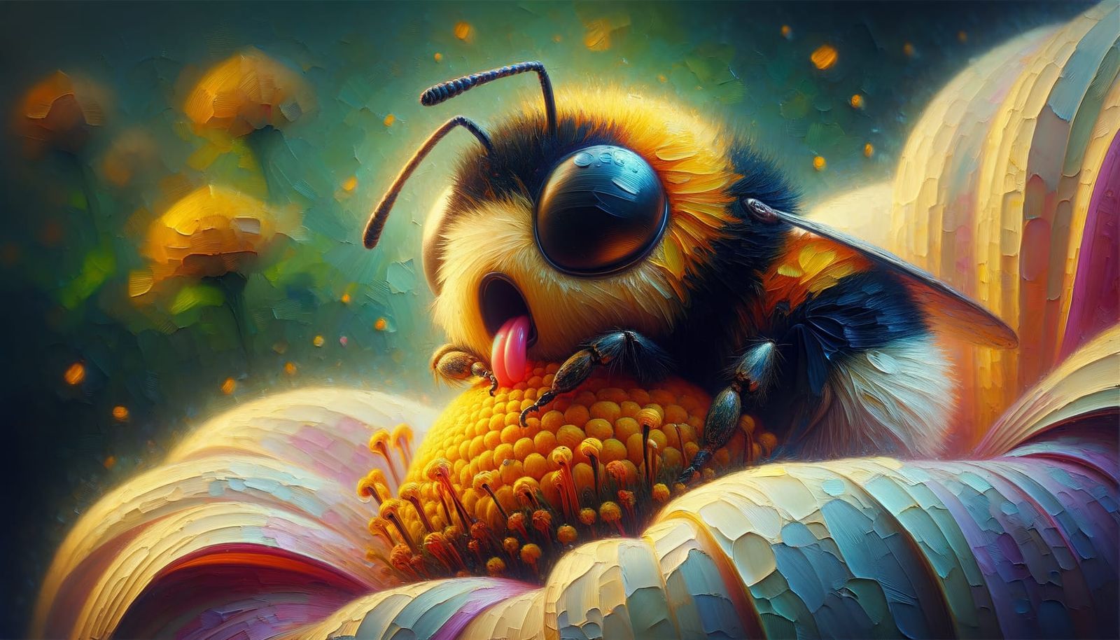 Animated Bumblebee Resting, Impressionistic Oil Painting