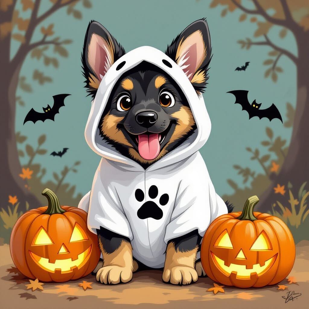 German Shepherd Puppy in Ghost Costume, Whimsical Illustrati...