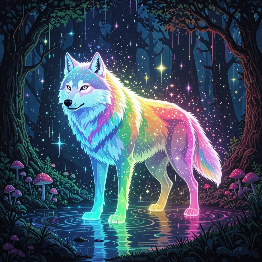 Rainbow Wolf Aura in Fantasy Realistic Style