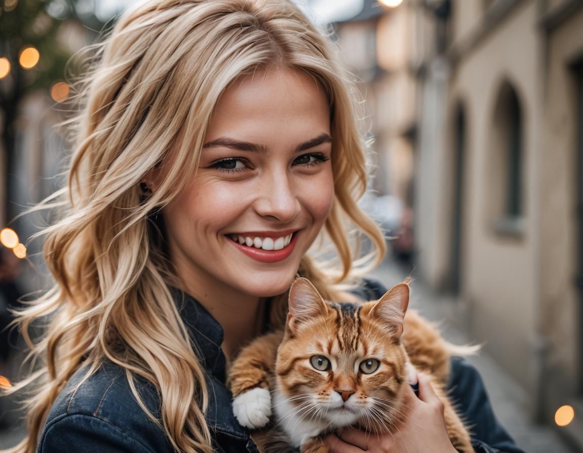 Blonde Woman and Cat Portrait in Natural Lighting