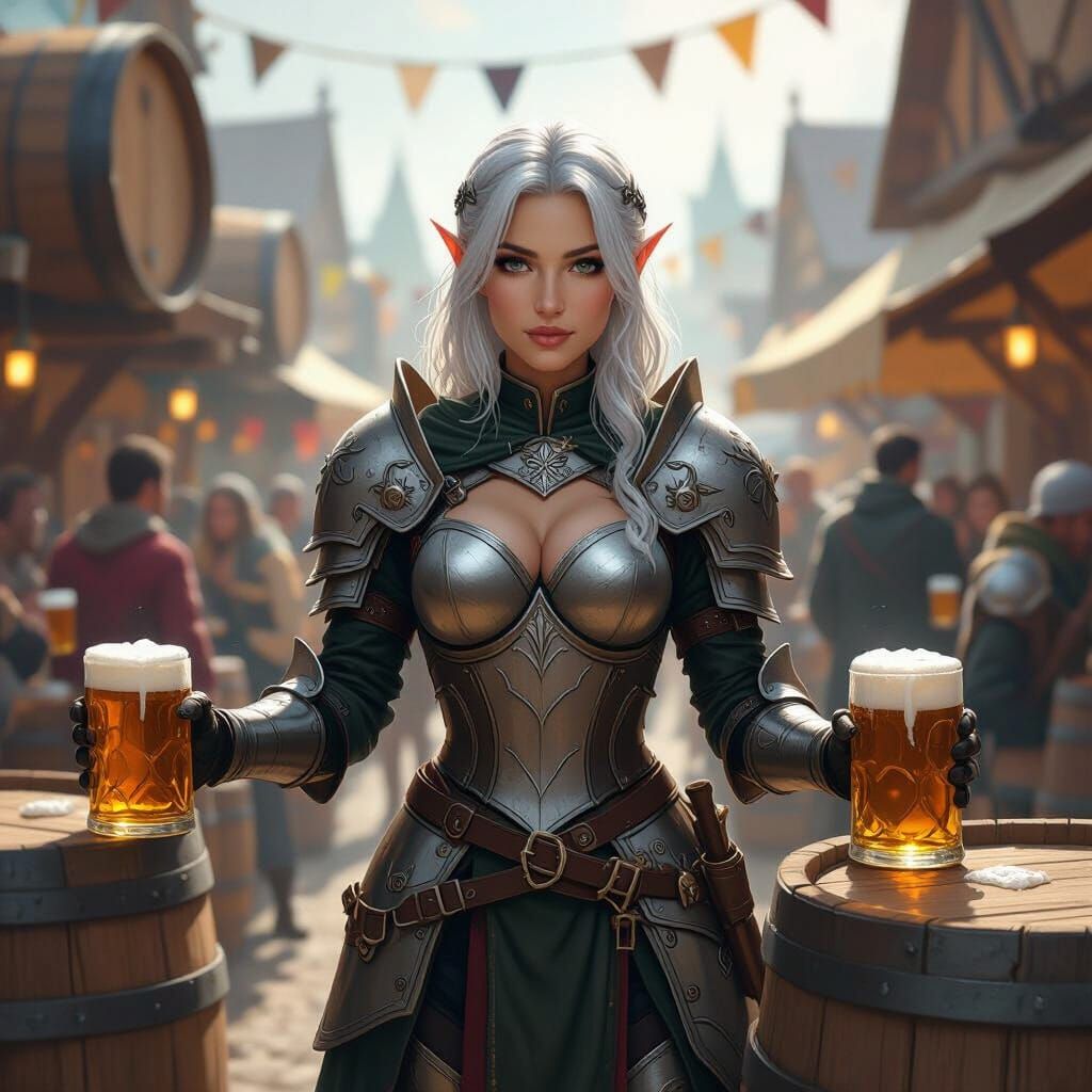 Half-Elf Paladin at Beer Fest, in Atmospheric Style