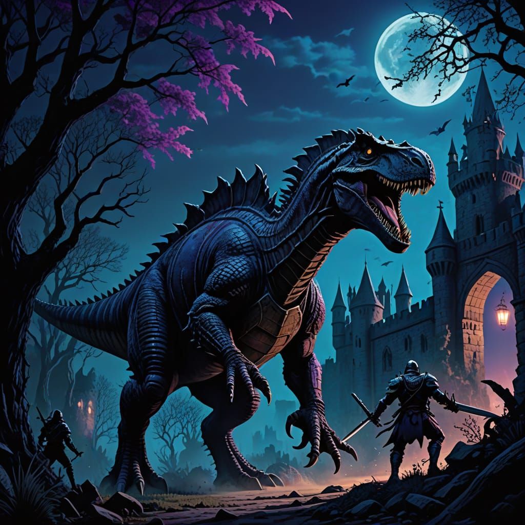 Moonlit Spinosaurus Pursues Knight in Dark Forest