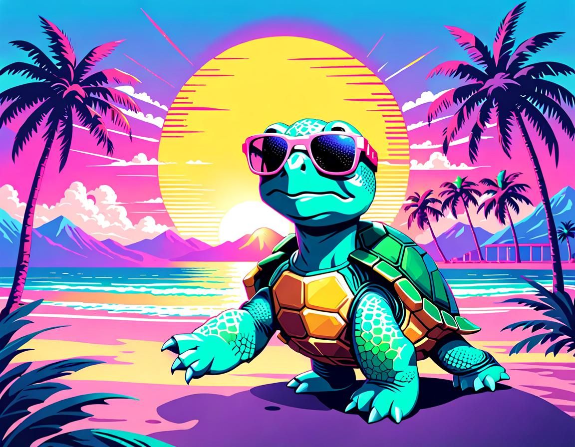 Vaporwave Turtle with 8-bit Sunglasses