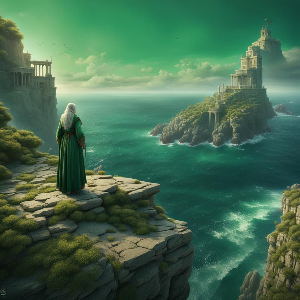 Old Woman on Cliff Overlooking Greek Galley