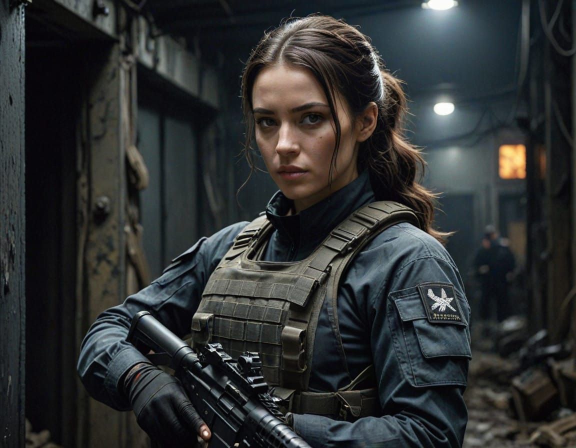 Young, fearless female special forces operative with long, dark brown hair cascading down her back, her determined face ...