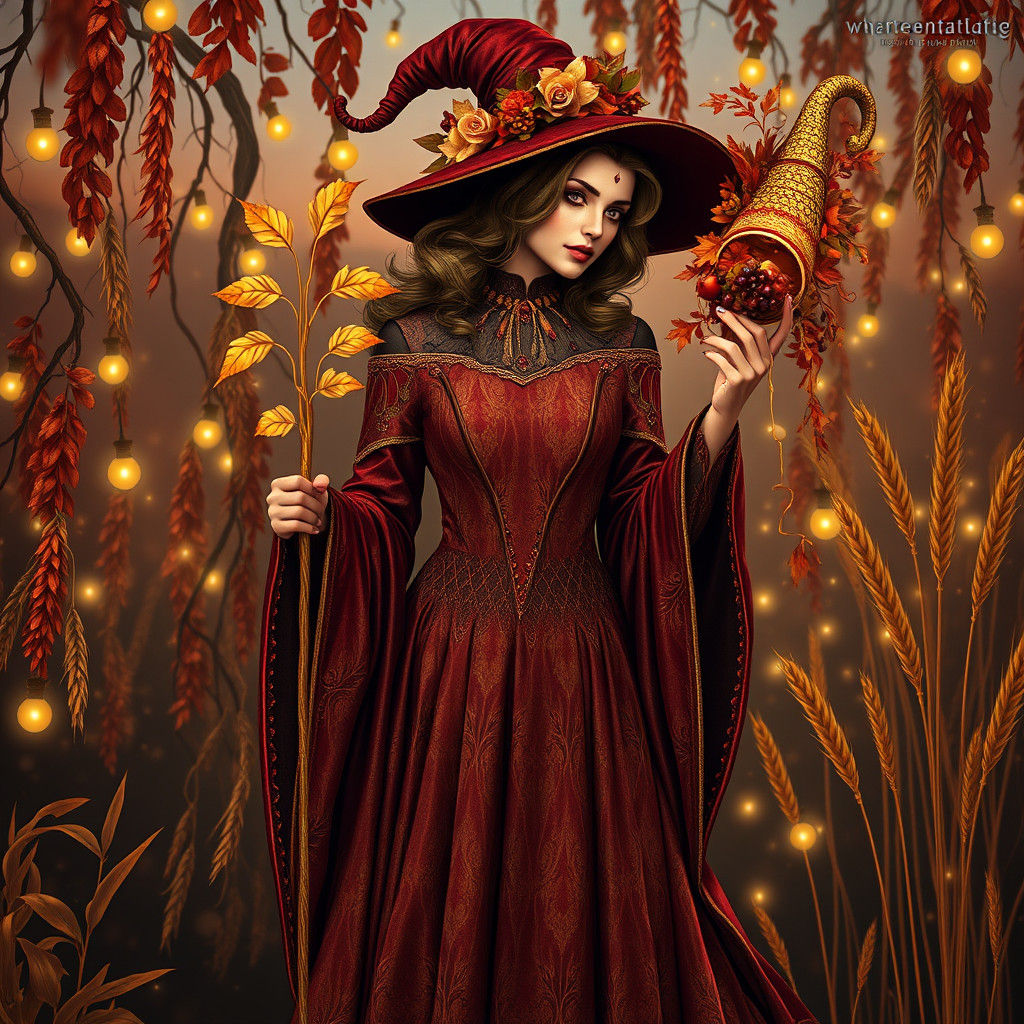 Art Nouveau Harlequin Witch in Thanksgiving Setting
