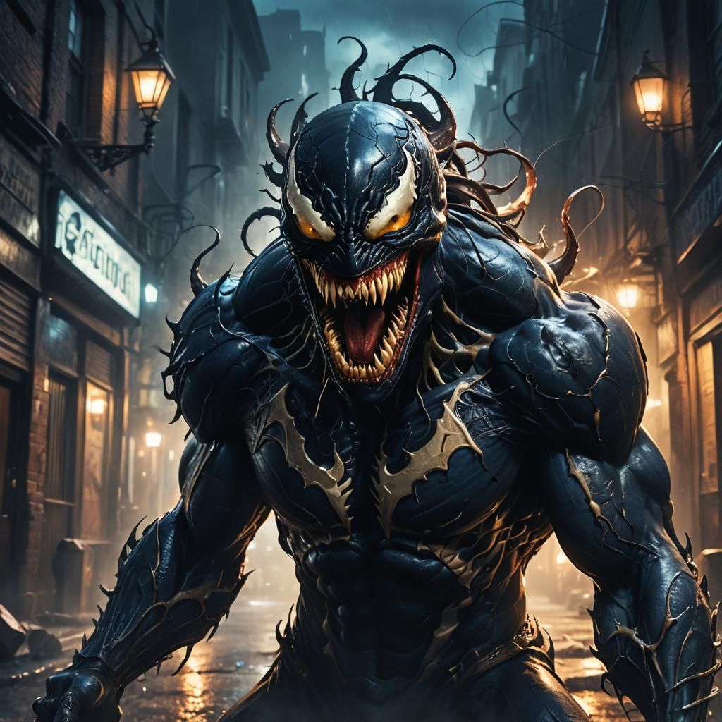 Venom in a Dark Gothic Alleyway: Digital Matte Painting
