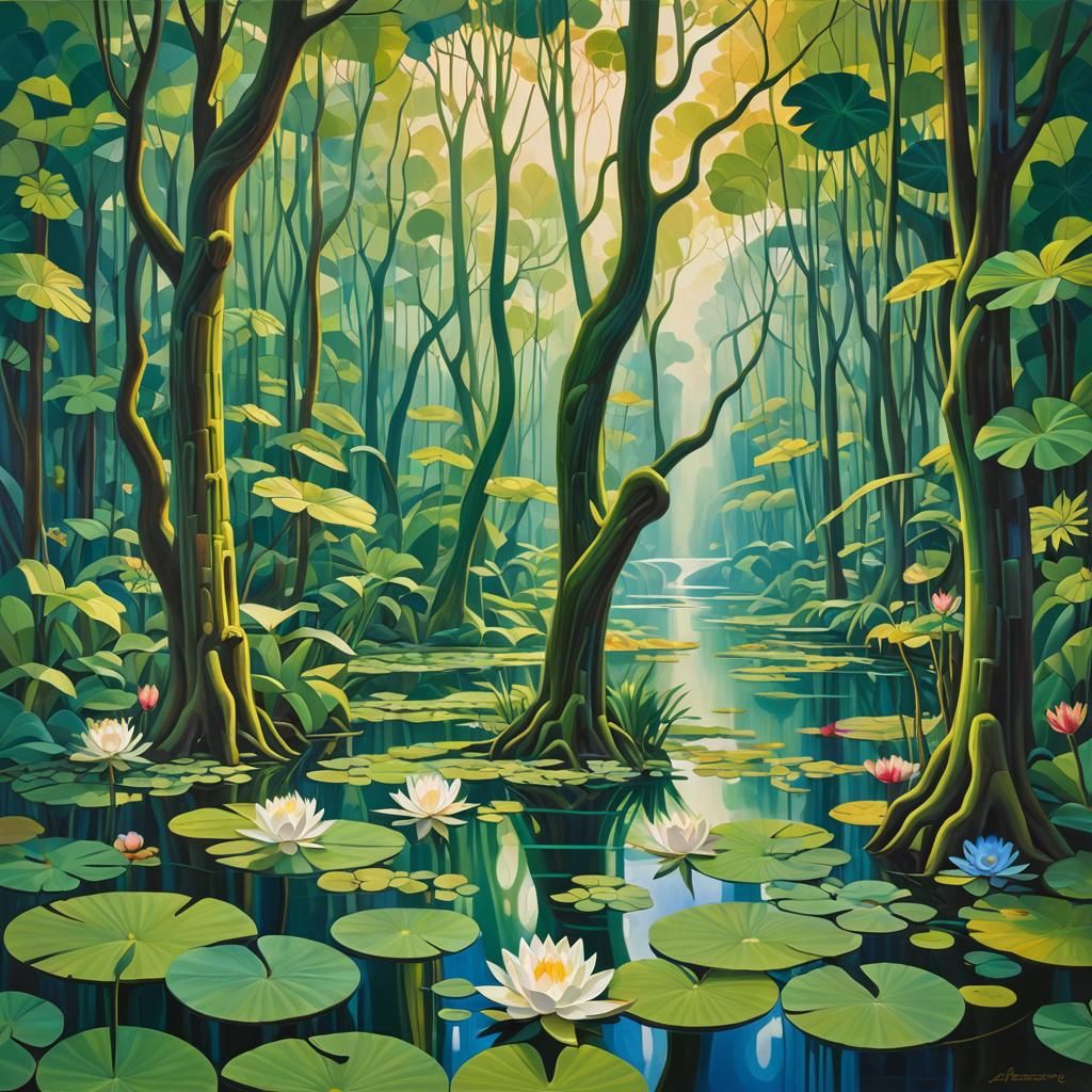 Mystical Forest Lake in Cubist Style