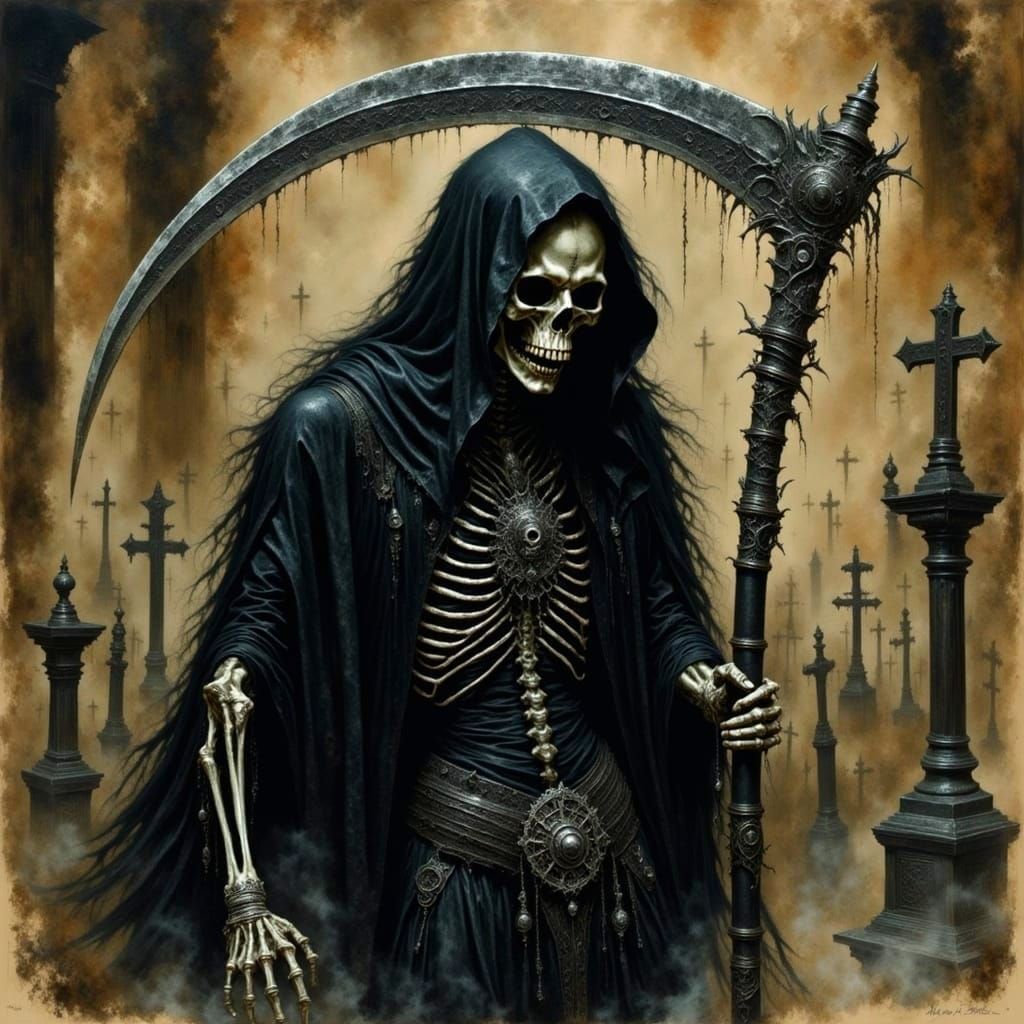 Grim Reaper in Cemetery as Watercolor Charcoal Drawing